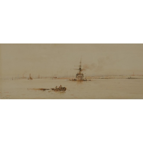 839 - Albert Markes, mixed shipping in the Thames estuary, pair of signed watercolours, 14 x 35cm