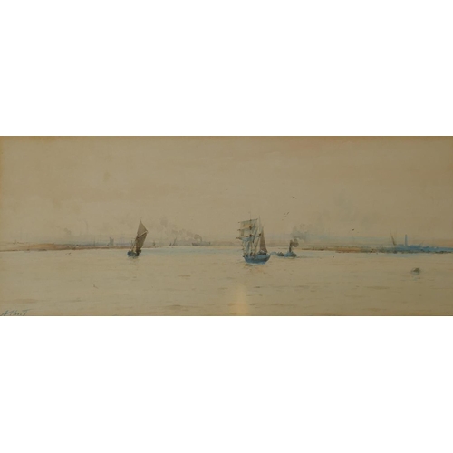 839 - Albert Markes, mixed shipping in the Thames estuary, pair of signed watercolours, 14 x 35cm