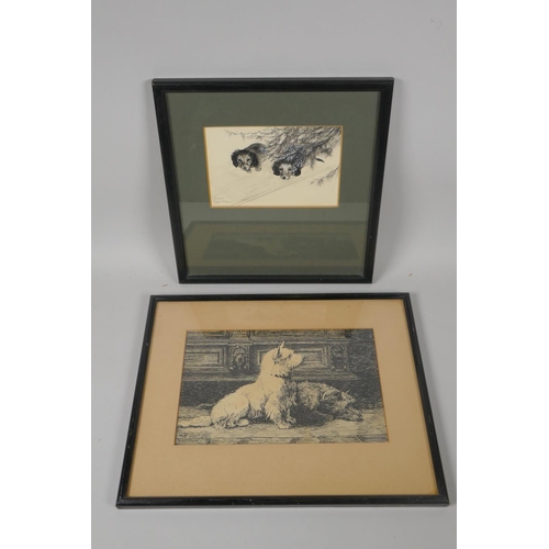 840 - Study of two dogs in an interior, monogrammed H.D., pen and ink drawing, and a charcoal drawing of t... 