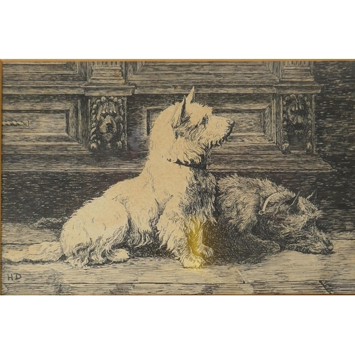 840 - Study of two dogs in an interior, monogrammed H.D., pen and ink drawing, and a charcoal drawing of t... 