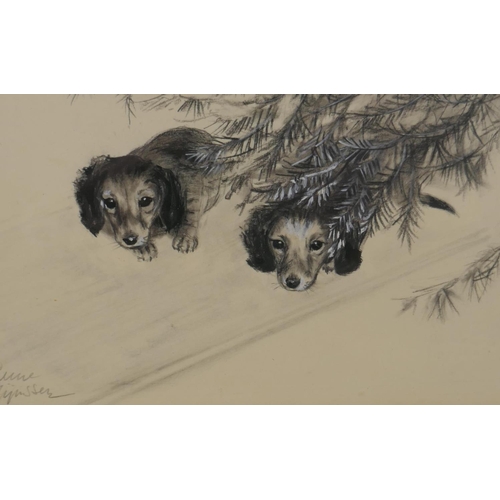 840 - Study of two dogs in an interior, monogrammed H.D., pen and ink drawing, and a charcoal drawing of t... 