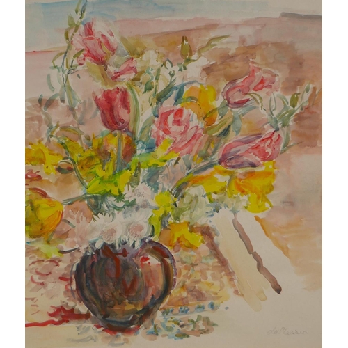 843 - Spring flowers in a vase, and a study of flowers by a window, both signed du Plessis, unframed water... 