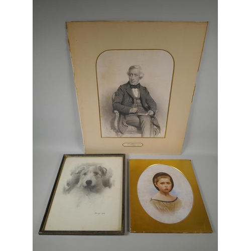 845 - Portrait of a dog, titled Bingy, 1945, pastel, and an over painted portrait print of a girl, and an ... 