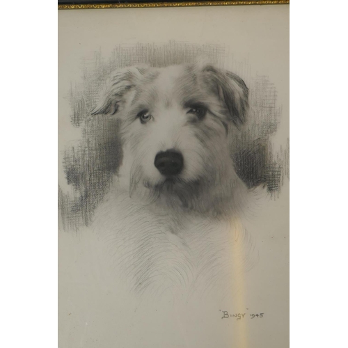 845 - Portrait of a dog, titled Bingy, 1945, pastel, and an over painted portrait print of a girl, and an ... 