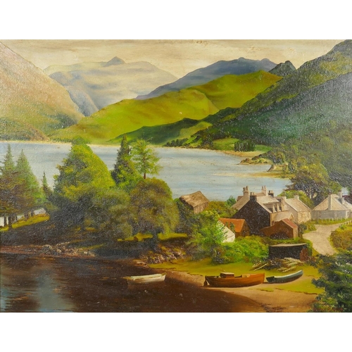 848 - Irish School, lakeside village landscape, oil on canvas laid on board, signed Maurice C. Wilks, 68 x... 