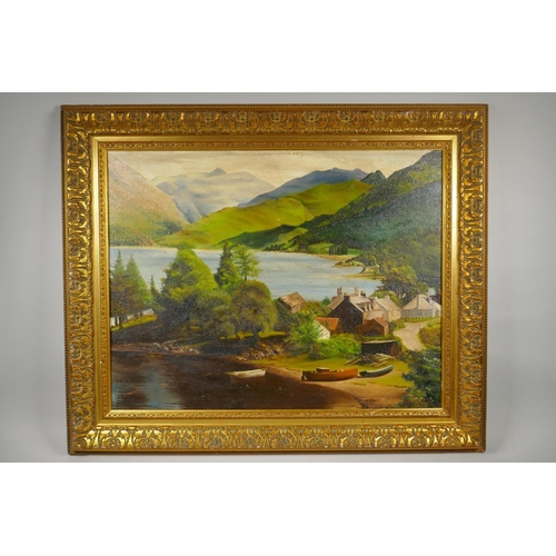 848 - Irish School, lakeside village landscape, oil on canvas laid on board, signed Maurice C. Wilks, 68 x... 