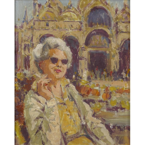 849 - Lady seated at the Piazza San Marco, Venice, and a study of figure at a market stall, one indistinct... 