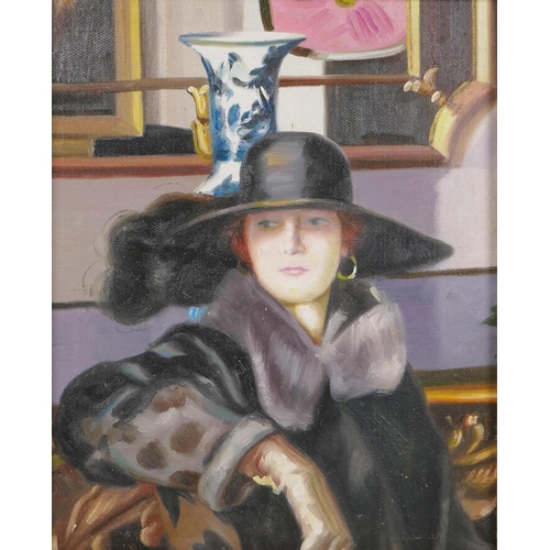 850 - Scottish colourist portrait of a woman in a black hat and jacket, oil on canvas laid on board, 25 x ... 