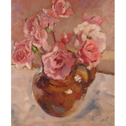 851 - Modern British, still life with pink roses, monogrammed, oil on board, 33 x 39cm