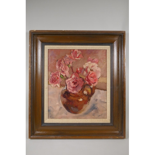 851 - Modern British, still life with pink roses, monogrammed, oil on board, 33 x 39cm