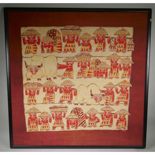 854 - An African batik print of farmers and buffalo, initialled A.B., 72 x 68cm