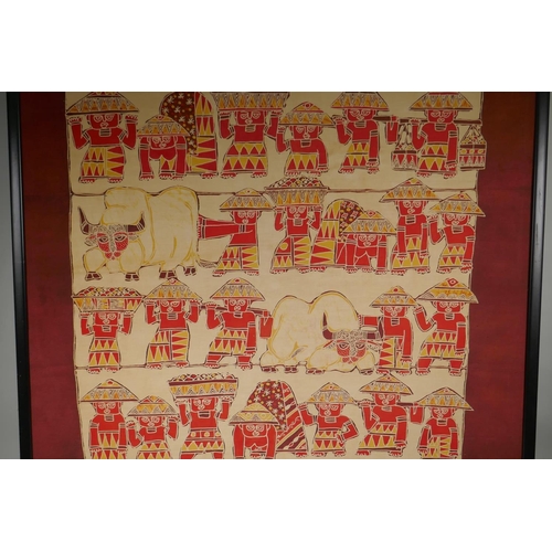 854 - An African batik print of farmers and buffalo, initialled A.B., 72 x 68cm