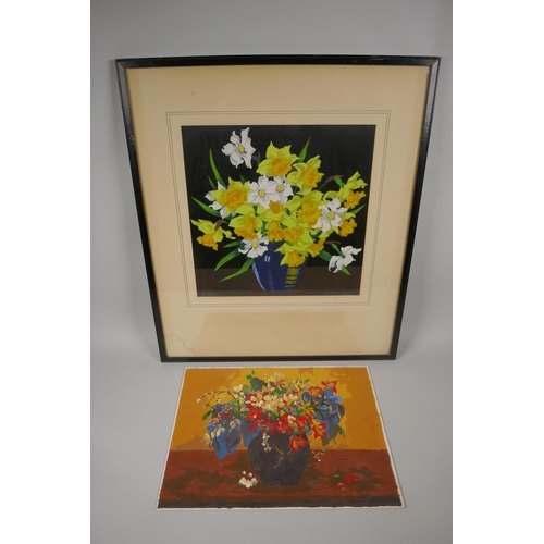 861 - Thomas Tod Blaylock, daffodils, signed, coloured woodcut/stencil print, and an unframed similar prin... 