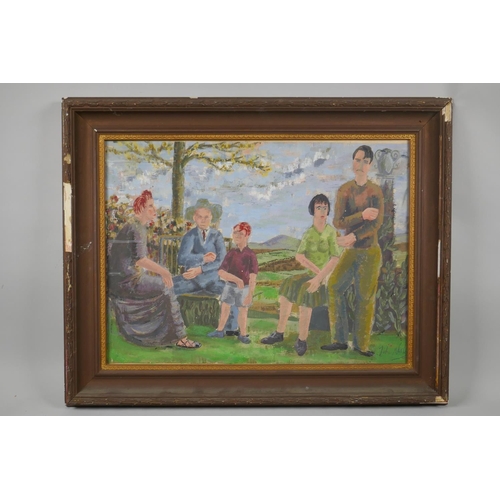 862 - Family portrait in a garden, signed John Nash, gouache, 50 x 37cm