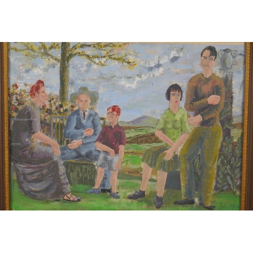 862 - Family portrait in a garden, signed John Nash, gouache, 50 x 37cm