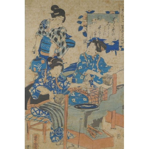 864 - A Japanese Meiji Ukiyo-e woodblock print depicting silk dyeing, 23 x 35cm