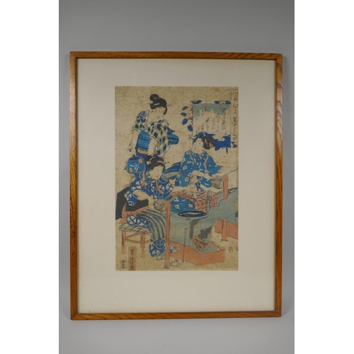 864 - A Japanese Meiji Ukiyo-e woodblock print depicting silk dyeing, 23 x 35cm