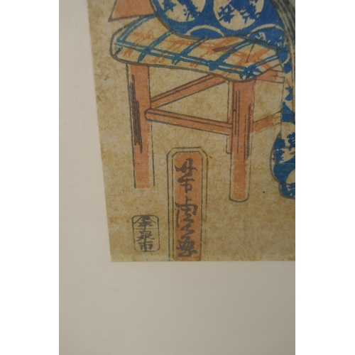 864 - A Japanese Meiji Ukiyo-e woodblock print depicting silk dyeing, 23 x 35cm