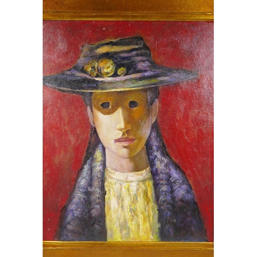 869 - After Daniel O'Neill, (Irish, 1920-1974), Minnie, portrait of a woman in a hat, oil on canvas laid o... 