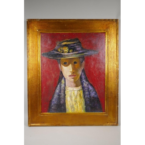 869 - After Daniel O'Neill, (Irish, 1920-1974), Minnie, portrait of a woman in a hat, oil on canvas laid o... 