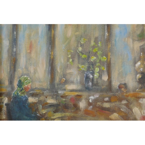 870 - Scottish School, interior scene with figure by a large window, oil on canvas board, 21 x 32cm