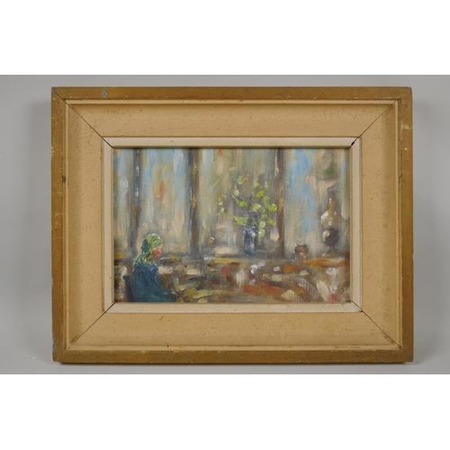 870 - Scottish School, interior scene with figure by a large window, oil on canvas board, 21 x 32cm