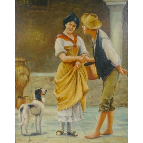 871 - An Italian impressionist portrait of a peasant boy courting a young woman, oil on canvas laid on boa... 