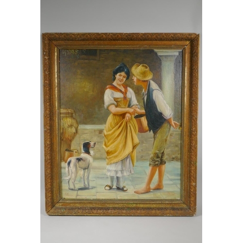 871 - An Italian impressionist portrait of a peasant boy courting a young woman, oil on canvas laid on boa... 