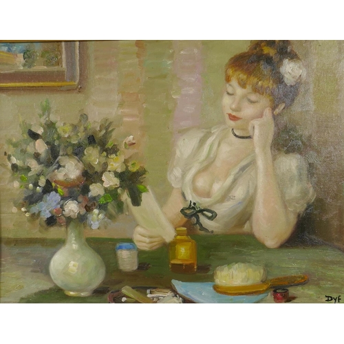 872 - Portrait of a lady in white with flowers, signed Dyf, oil on board, 48 x 38cm