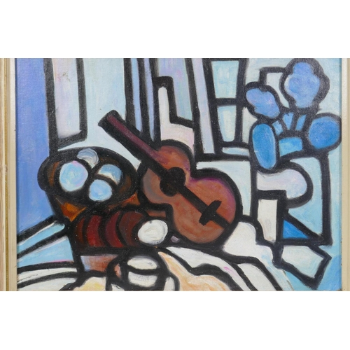 873 - Modernist still life of a guitar and fruit, in blue, oil on canvas laid on board, 39 x 29cm