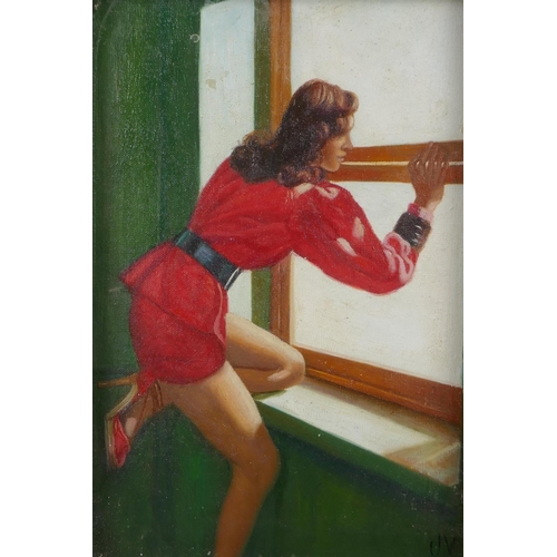 874 - In the manner of Edward Hopper, girl in red by a window, initialled J.V., oil on canvas board, 24 x ... 