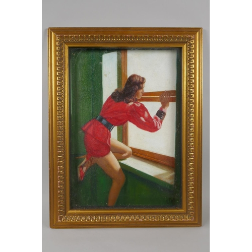 874 - In the manner of Edward Hopper, girl in red by a window, initialled J.V., oil on canvas board, 24 x ... 