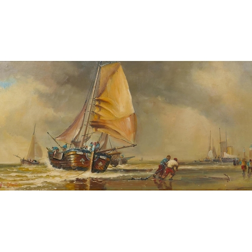 875 - French Impressionist seascape with fishermen in their boats bringing in the catch, indistinctly sign... 