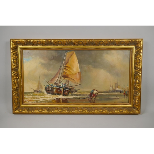 875 - French Impressionist seascape with fishermen in their boats bringing in the catch, indistinctly sign... 