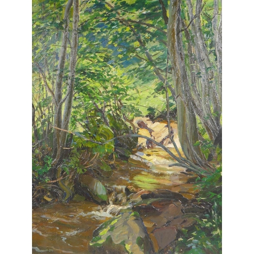 878 - H. Hubbard, sunlit woodland stream, signed top right, oil on canvas laid on board, 49 x 39cm