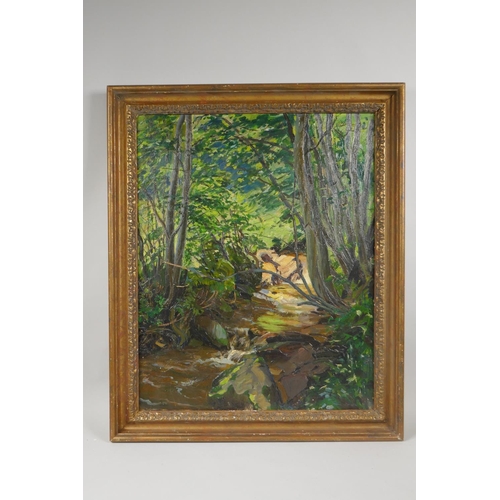 878 - H. Hubbard, sunlit woodland stream, signed top right, oil on canvas laid on board, 49 x 39cm