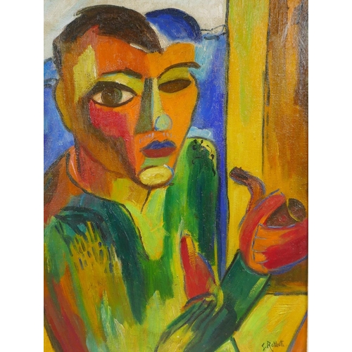 883 - An expressionist portrait of a pipe-smoking man, indistinctly signed, 29 x 38cm