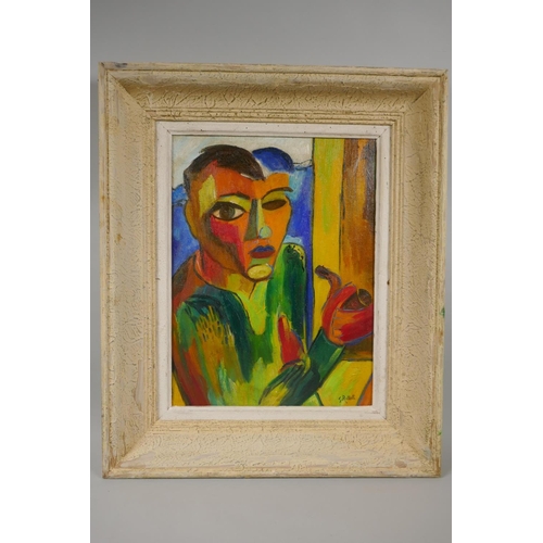 883 - An expressionist portrait of a pipe-smoking man, indistinctly signed, 29 x 38cm