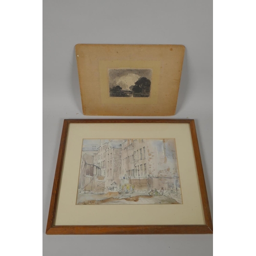 885 - Muirhead Bone, figures working in a street, signed, watercolour and pencil, and a lake scene, signed... 