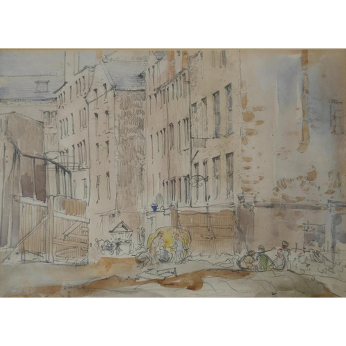 885 - Muirhead Bone, figures working in a street, signed, watercolour and pencil, and a lake scene, signed... 