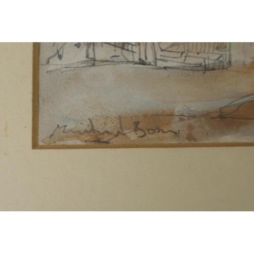 885 - Muirhead Bone, figures working in a street, signed, watercolour and pencil, and a lake scene, signed... 