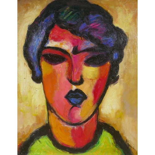 887 - A Russian school expressionist portrait of a woman, indistinctly signed, oil on canvas laid on board... 