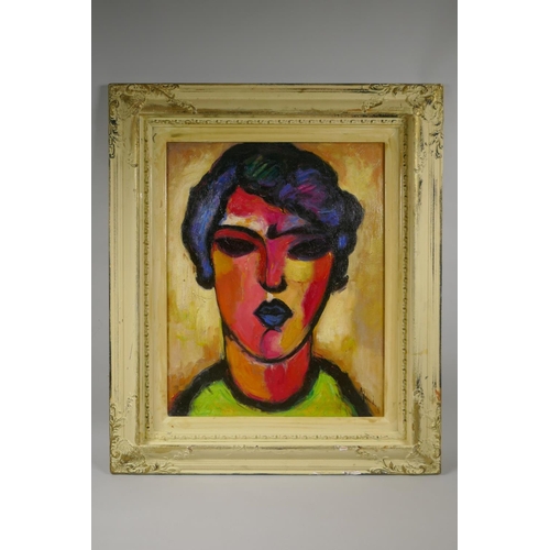 887 - A Russian school expressionist portrait of a woman, indistinctly signed, oil on canvas laid on board... 