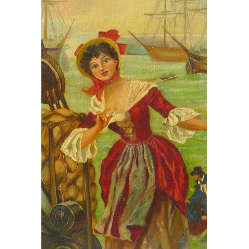 888 - French style portrait of a woman in red at the docks, oil on canvas laid on board, 20 x 29cm