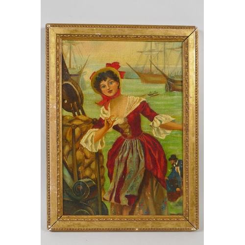 888 - French style portrait of a woman in red at the docks, oil on canvas laid on board, 20 x 29cm