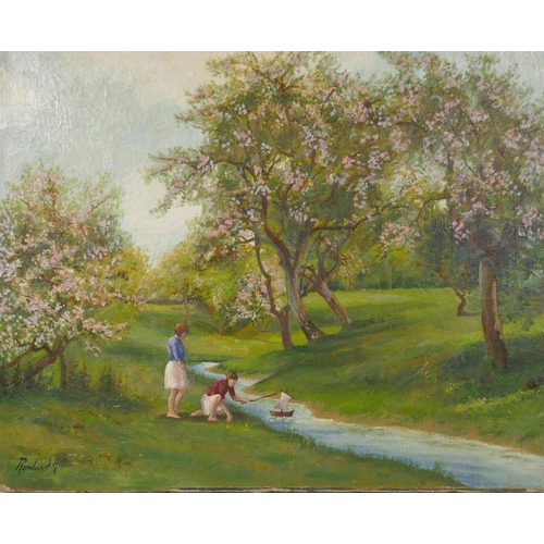 890 - Girls playing in a stream beneath trees in blossom, signed Rowland Hill, oil on canvas, relined, 46 ... 