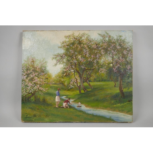 890 - Girls playing in a stream beneath trees in blossom, signed Rowland Hill, oil on canvas, relined, 46 ... 