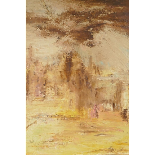 891 - Anne Sinclair, abstract landscape, oil on canvas in a good gilt gallery frame, 65 x 80cm