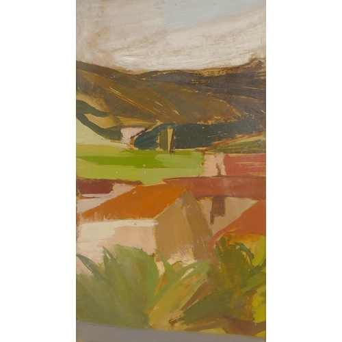 892 - Landscape with distant hills, inscribed on frame plaque G.L. Hunter, early C20th, oil on board in a ... 