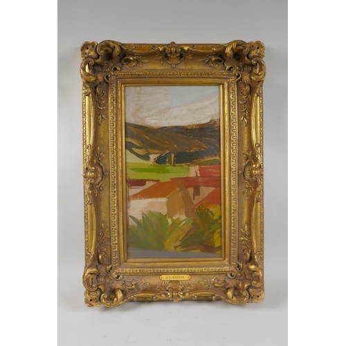 892 - Landscape with distant hills, inscribed on frame plaque G.L. Hunter, early C20th, oil on board in a ... 